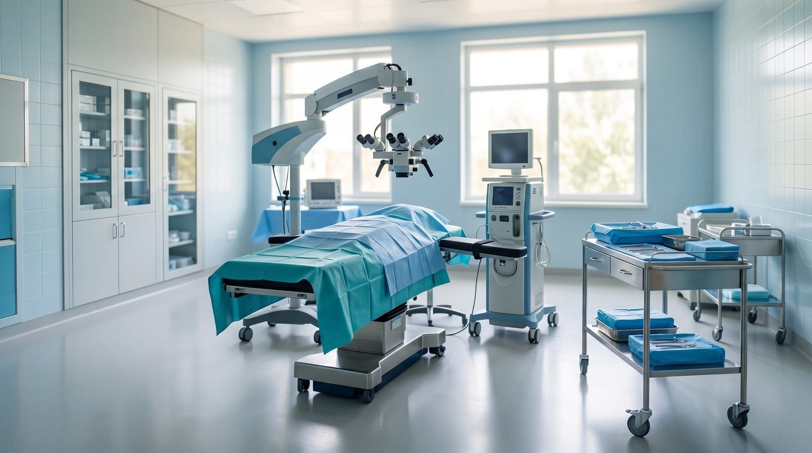 A clean, modern operating theatre with calm daylight